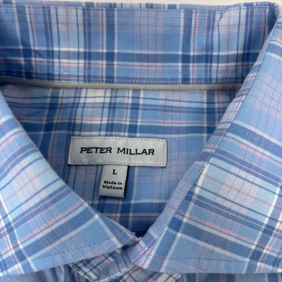 Peter Millar Large Blue Pink Check Plaid Long Sleeve Button Up Shirt - Picture 2 of 5